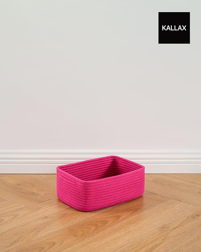 KALLAX Small Woven Basket, 12 x 8 x 4.5 Inches, Storage Basket for Organizing, Cute Small Rope Shelf Closet Cube Storage Bins Baskets for Shelves, Dog Toy Gift Baskets Empty, 3 Packs, Hot Pink-Ruum Studio Home