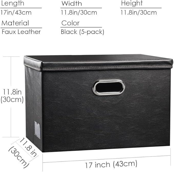 PRANDOM Large Stackable Storage Boxes with Lids [5-Pack] Leather Fabric Foldable Storage Bins Organizer Containers Baskets Cubes with Cover for Bedroom Closet Office Nursery Black(17.7x11.8x11.8)-Ruum Studio Home