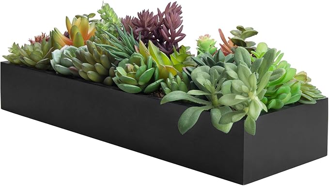 MyGift Artificial Succulent Centerpiece,15.75 Inch Faux Succulents Arrangement Plants in Sleek Black Wooden Rectangular Planter Box-Ruum Studio Home