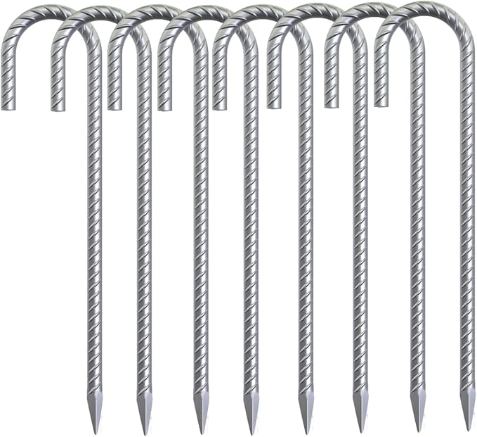 Rebar Stakes 16 inch, 3/8" Diameter Heavy Duty J Hook Stakes 8 Pack, Galvanized Anti-Rust Ground Anchor Long Tent Stakes for Dog Fence Trompoline Swing Set-Ruum Studio Home