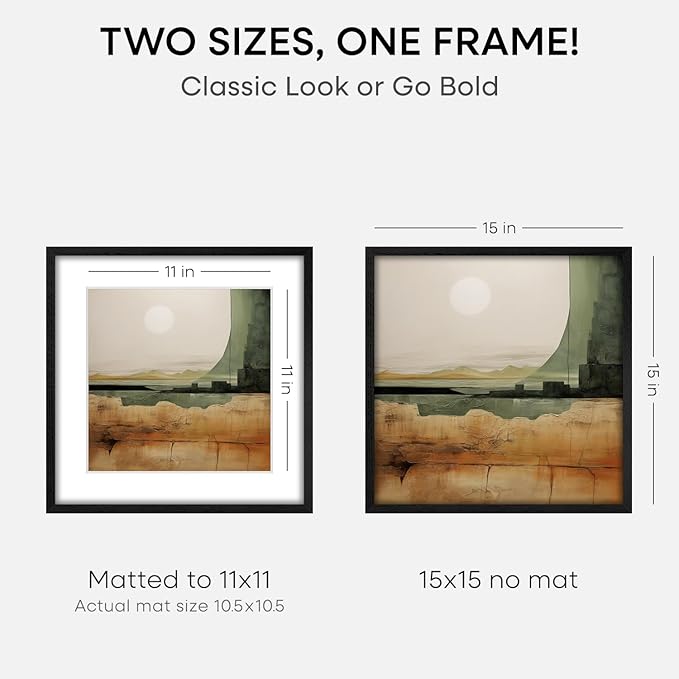 Homeforia 15x15 Black Wood Frame, High End Oak 15 x 15 Square Picture Frames with Mat 11 by 11 inches Photo, 15by15 Black Wooden Poster Frames Matted to 11x11 Print, Tempered Glass, Wall Kit, Set of 1-Ruum Studio Home
