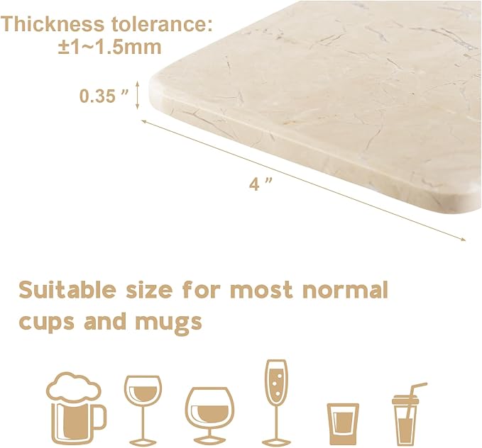BCS Marble Coasters Set of 5 with Holder, Square Stone Drink Coasters for Coffee, Wine and Cocktails, Non-Slip Durable Cup Mats, Elegant Home, Bar & Kitchen Table Decor (Crema Beige)-Ruum Studio Home