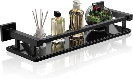 Alise Bathroom Glass Shelf with Stainless Steel Railing, Matte Black Small Tempered Glass Floating Wall Shelf Over The Toilet, 16 inch-Ruum Studio Home
