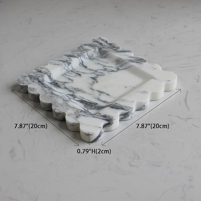 Natural Luxury Marble Tray with Scalloped Edge, Handmade Square Decorative Tray, Catch All Tray for Counter, Dresser, Nightstand and Home Décor (Arabescato Calacatta)-Ruum Studio Home