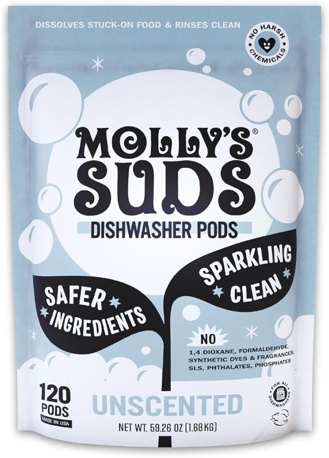 Molly's Suds Dishwasher Pods | Clean Dishwasher Detergent, Cuts Grease & Rinses Clean (Residue-Free) for Sparkling Dishes | 120 Auto-Release Tabs (Unscented)-Ruum Studio Home