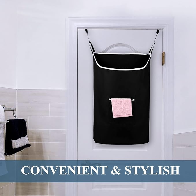 The Fine Living Co. X-Large Hanging Laundry Hamper with Over Door Hooks & Adhesive,Durable Space Saving Laundry Bag with Zipper and Wide Open Top,Hanging Dorm Laundry Hamper 20"x3.75"x31" (Black-XL)-Ruum Studio Home