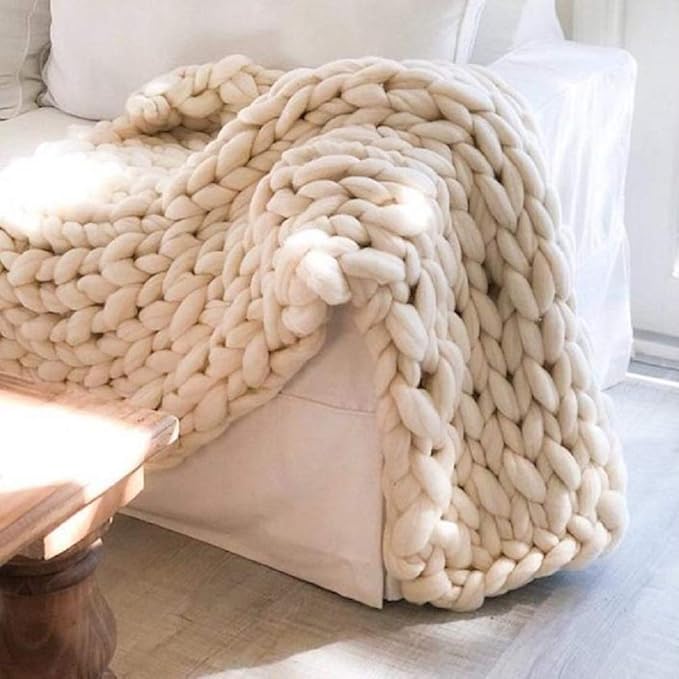 Chunky Knit Blanket Hand Made Merino Wool Throw Boho Bedroom Sofa Home Decor Giant Yarn(Ivory White 40"x60")-Ruum Studio Home
