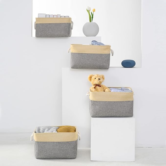 TheWarmHome Storage Basket for Organizing - 3 Pack 14x10x7 inch Large Collapsible Storage Bin for Shelves, Fabric Storage Cubes for Organizer ClosetCloth Gift Toy (Grey & Gold)-Ruum Studio Home
