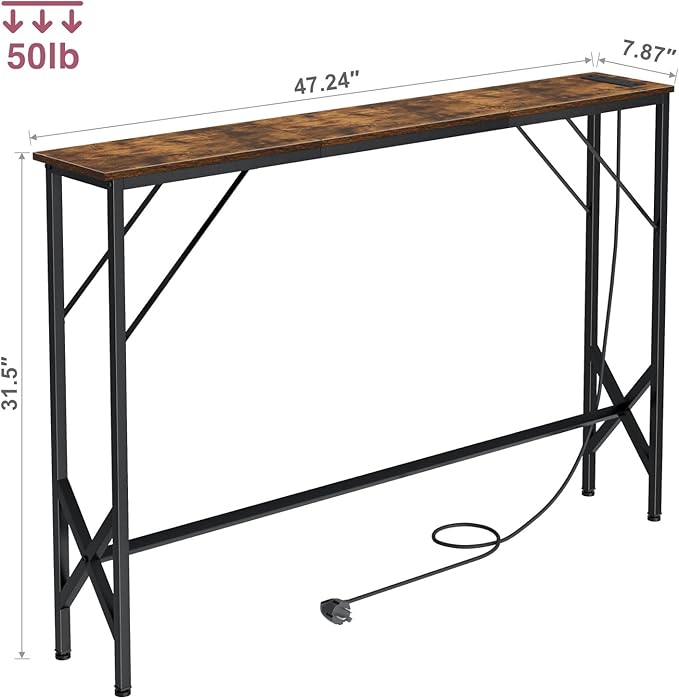 47.2'' Console Table, Skinny Entryway Table with Fast-Charging Station, Narrow Long Sofa Table, Behind Slim Couch Table for Entrance, Hallway, Living Room Decor ST-BR120-1-Ruum Studio Home