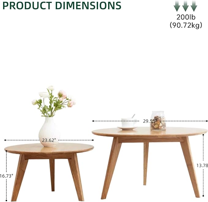 100% Solid Oak Wood Coffee Table Set, Round Coffee Table Combo Side Table w/Solid Wood Legs, Mid Century Table Sturdy Tables for Bedroom Balcony Living Room (Natural, Big-Medium Combo)-Ruum Studio Home