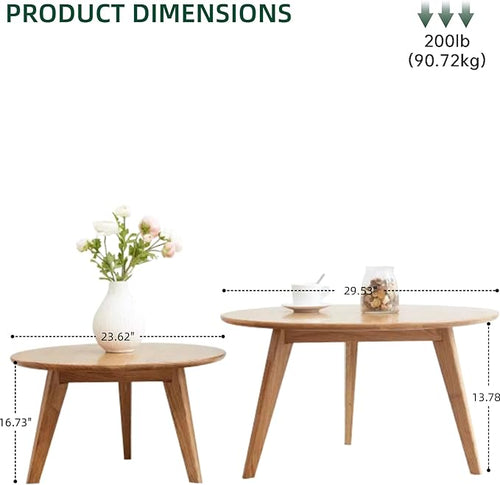 100% Solid Oak Wood Coffee Table Set, Round Coffee Table Combo Side Table w/Solid Wood Legs, Mid Century Table Sturdy Tables for Bedroom Balcony Living Room (Natural, Big-Medium Combo)-Ruum Studio Home