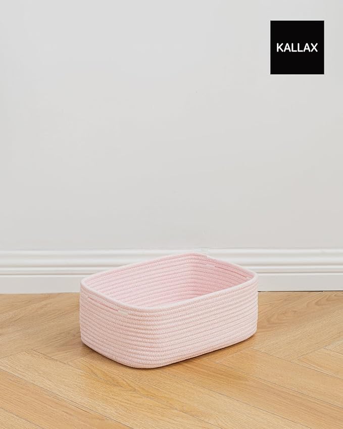 KALLAX Small Woven Basket, 13.5 x 9.5 x 5 Inches, Storage Basket for Organizing, Cute Small Rope Shelf Closet Cube Storage Bins Baskets for Shelves, Dog Toy Gift Baskets Empty, 3 Pack Light Pink-Ruum Studio Home