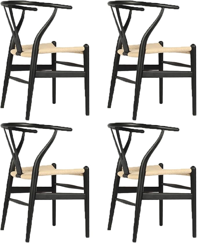 Tomile Solid Wood Wishbone Chair Y Chair Mid-Century Armrest Dining Chair, Hemp Seat (Ash Black + Natural Rope, Pack of 4)-Ruum Studio Home
