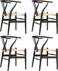 Tomile Solid Wood Wishbone Chair Y Chair Mid-Century Armrest Dining Chair, Hemp Seat (Ash Black + Natural Rope, Pack of 4)-Ruum Studio Home