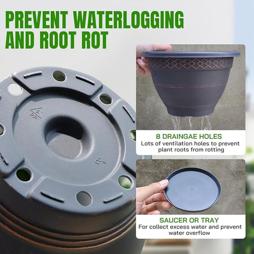 10 Inch 4 Pack Large Plant Pots, Plastic Flower Pot for Indoor & Outdoor with Drainage Holes & Saucer, Plaid Pattern Planters Garden Pots for Herbs-Ruum Studio Home