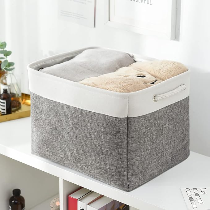 Storage Basket for Shelves - 17X15X12 inch 2 Pack Fabric Cube Storage Bin Collapsible Baskets for Organizing with Rope, Storage Box for Cloth Decorative (White & Grey)-Ruum Studio Home