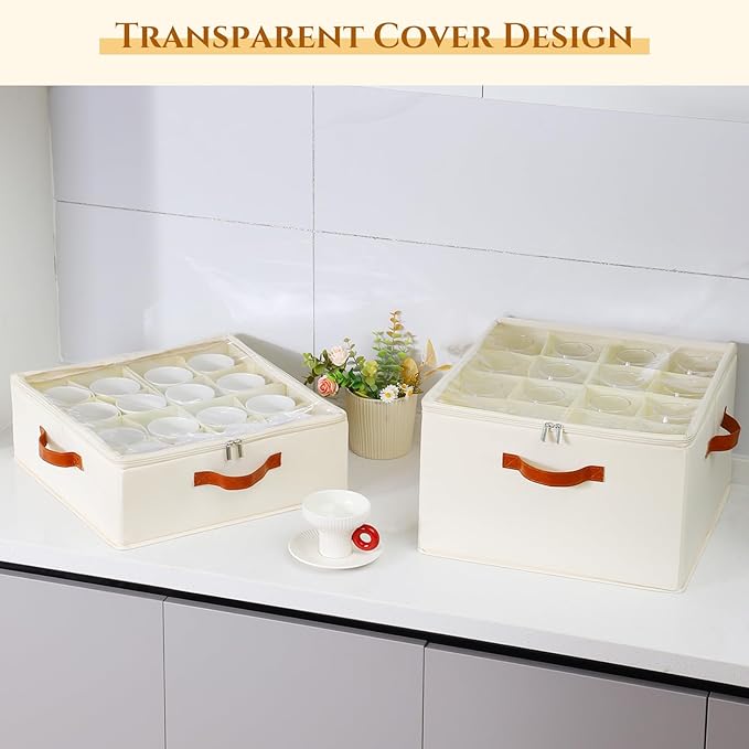 2 Pack Cup and Mug Storage Box with Dividers and Hard Shell, Stackable Coffee Cup Storage Organizer with Lid, Zipper, and Handles for Coffee Mugs, Cups, Glasses, Stemware Storage Containers for Moving-Ruum Studio Home