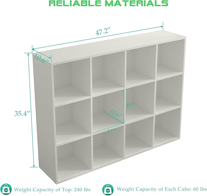 12-Cube Storage Shelf Bookcase - Wooden 3-Tier Floor Standing Open Bookshelf for Home and Office, Display Cabinet, Warm White-Ruum Studio Home