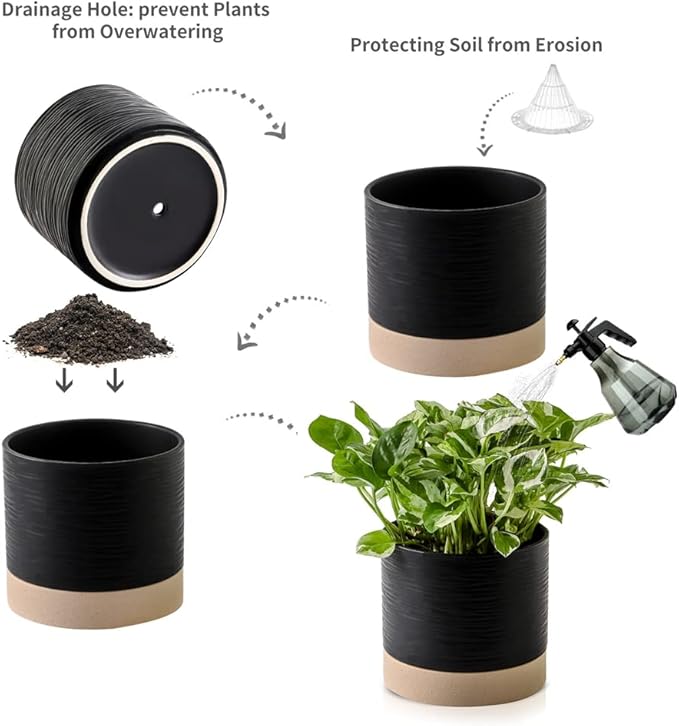 Nihow Ceramic Plant Pot: 6 Inch Planter with Drainage Hole & Saucer for Indoor & Outdoor Plants - Cylinder Round Flower Pot for Succulent/Herbs/Violets - Black & Brown-Ruum Studio Home