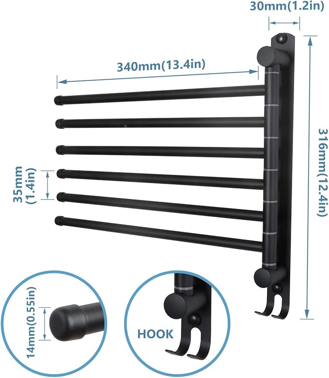 Space Saving Towel Rack JSVER Black Space Saving Towel Holder, Towel Rack Wall Mounted, Swivel Hand Towel Holder, 6-Arms Towel Bar, Towel Racks for Bathroom-Ruum Studio Home