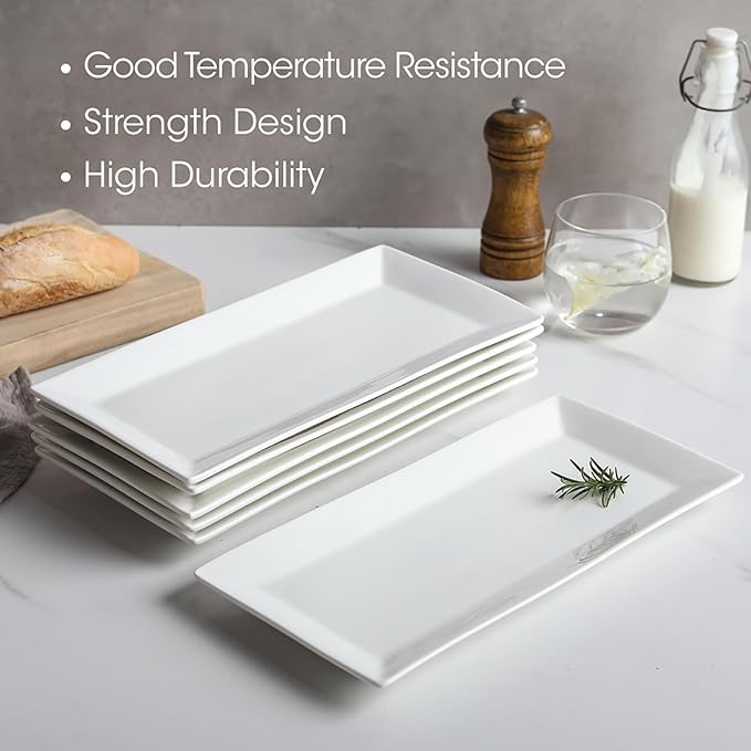 12" Serving Platters Set of 4, White Rectangular Plates, Ceramic Serving Tray, Stackable Large Party Plates for Appetizer, Dessert, Steak, Sushi, Housewarming, Oven Dishwasher Safe-Ruum Studio Home