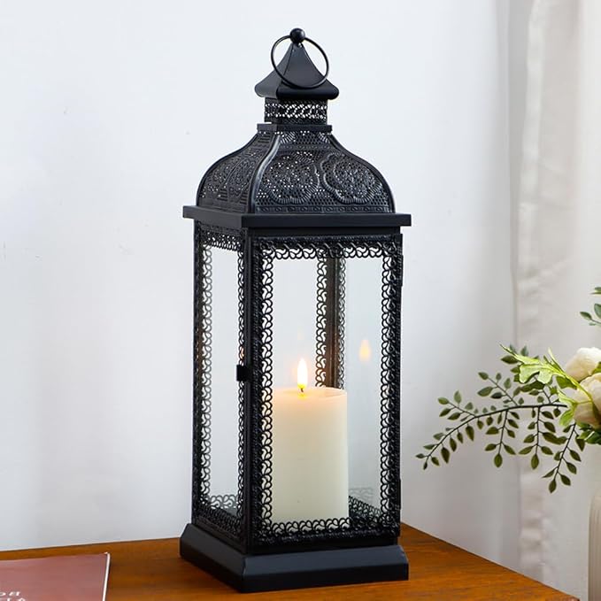 TRIROCKS Rustic Style Metal Candle Lantern 19'' High Decorative Hanging Lantern Candle Holder with Tempered Glass for Christmas Living Room Garden Yard Patio Parties Events Indoors Outdoors(Black)-Ruum Studio Home