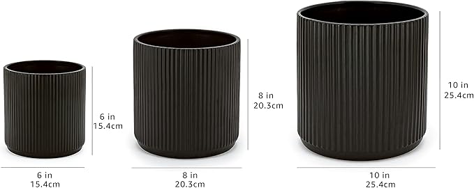 Amazon Basics Assorted Sizes Fluted Ceramic Round Planters, Set of 3, 6 inch, 8 inch, 10 inch, Black-Ruum Studio Home