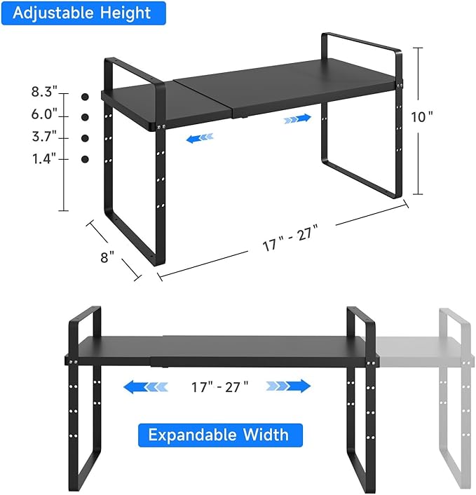 Expandable Cabinet Shelf Organizer, Stackable Kitchen Pantry Counter Storage, Adjustable Closet Cupboard Stand Rack Risers Spice Organization 80LBS Heavy Duty Black Small 1 Pack-Ruum Studio Home