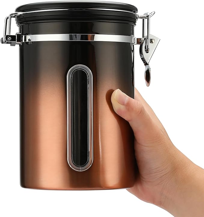malmo Coffee Canister, Airtight Coffee Container with Date Tracker Lid, Stainless Steel Canister for Kitchen Food Storage (Black-Copper, 22oz)-Ruum Studio Home