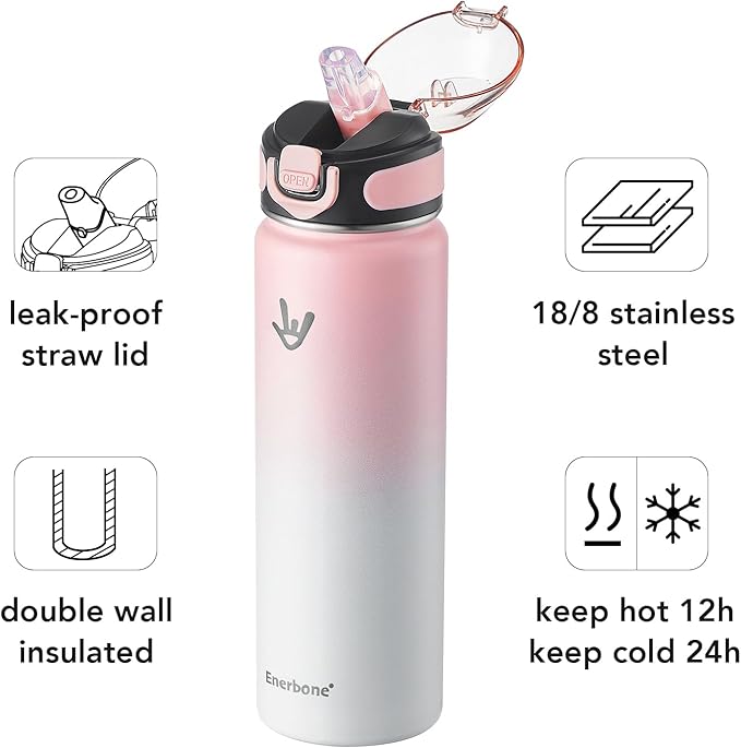 Enerbone 24 oz Insulated Water Bottle, Stainless Steel Bottle with Carrying Strap, Double-Wall Vacuum Insulation Design, Leakproof Sports Bottle with Straw, Keep Drinks Cold or Hot for Hours-Ruum Studio Home