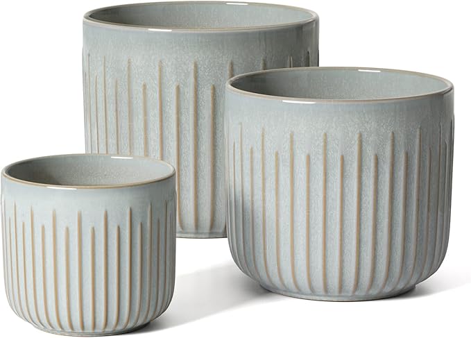 LE TAUCI Fluted Ceramic Planters Set of 3 – 8.3/7 / 5.7 in Star White Reactive Cylinder Indoor Plant Pots with Drainage Plug & Mesh, Glossy Stoneware Flower Pots for Succulents Herbs-Ruum Studio Home