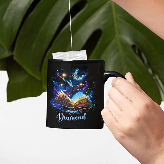 Personalized Sparkling Book Coffee Mug, Custom Name Enchanted Book Design Cup, Customized Fantasy Inspired Ceramic Mug, Gift For Women Men, Book Enthusiasts Black Cup 11oz Or 15oz-Ruum Studio Home