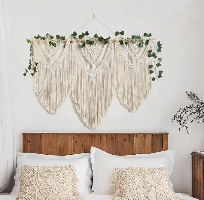 guzhiou large macrame wall hanging - Boho Tapestry Macrame Wall Decor Art- Chic Bohemian Handmade Woven Tapestry Home Decoration for Bedroom Living Room Apartment Wedding Party - 43"x32" (with Ivy)-Ruum Studio Home