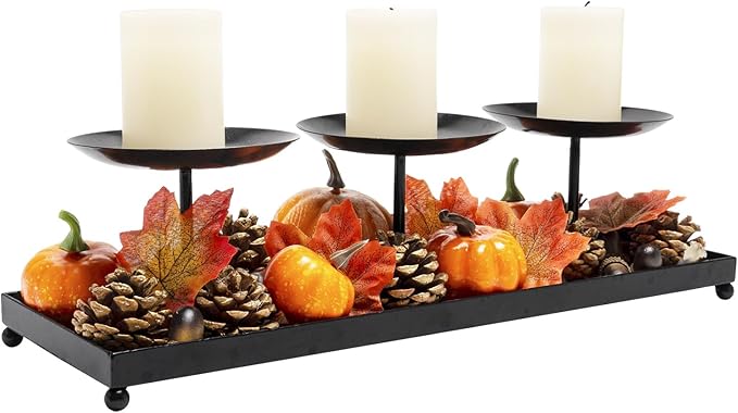 3 Pillar Black Metal Candle Holders for Table Centerpiece, Fall Thanksgiving & Halloween Dining Table, Fireplace Mantel Decor, Tray Candlestick for Living Room Rustic Decorations-Ruum Studio Home