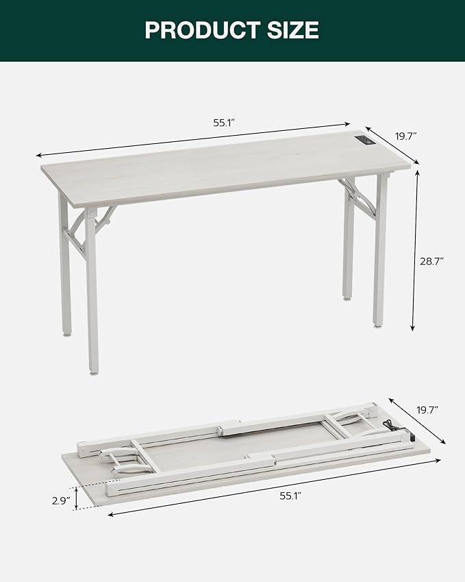 Frylr Small Folding Computer Desk – 55.1 Inch Portable Table for Craft and Study, Lightweight Desk for Small Spaces, Foldable Laptop Table Built-in AC/USB Outlets for Convenience, White Ash-Ruum Studio Home