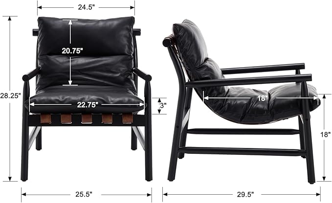 Kmax Modern Sling Accent Chairs Set of 2 Upholstered PU Leather Living Room Chairs Solid Wood Frame Arm Chairs Comfy Lounge Chairsfor Bedroom, Reading Room, Black-Ruum Studio Home