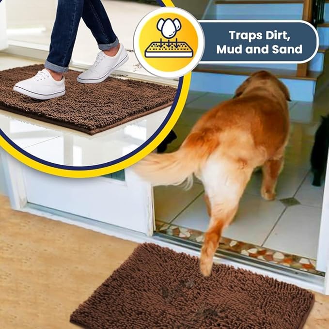 Muddy Mat® 4-Piece Brown Medium 30"X19" AS-SEEN-ON-TV Highly Absorbent Microfiber Door Mat, Bath Mat and Pet Rug, Non Slip Thick Washable Soft Chenille for Kitchen Bathroom Bedroom Indoor and Outdoor-Ruum Studio Home