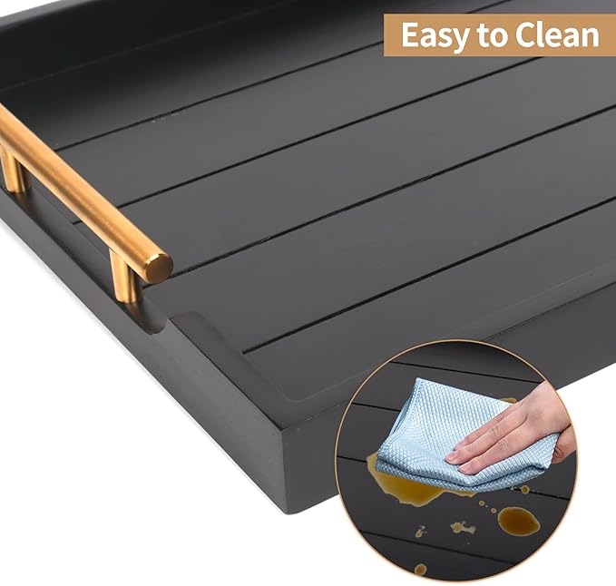 Coffee Table Trays - Large Ottoman Tray for Living Room - Wood Serving Trays with Handles(2 Sets) - Wooden Tray for Coffee Table, 4 Round Coasters Included, Black-Ruum Studio Home
