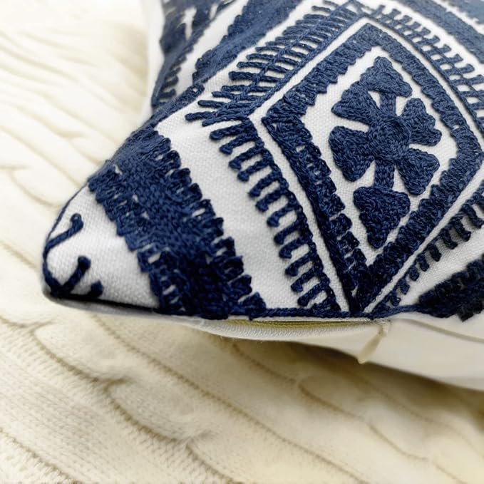 Alysheer Embroidered Decorative Throw Pillow Covers 18x18 inches Set of 2 Pieces, Boho Geometric Modern Chic Classic Pattern Cotton Cushion Cases for Sofa Couch Bed Living Room(Navy Blue)-Ruum Studio Home
