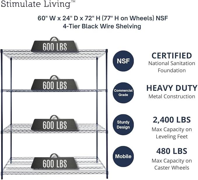 60"x24"x72" PRIME HEAVY DUTY Black 4-Tier Wire Shelving NSF 2400 LBS MAX Capacity Storage Rack for Commercial, School, Home, Garage, Warehouse, Industrial, and Hospital Uses (with Wheels)-Ruum Studio Home