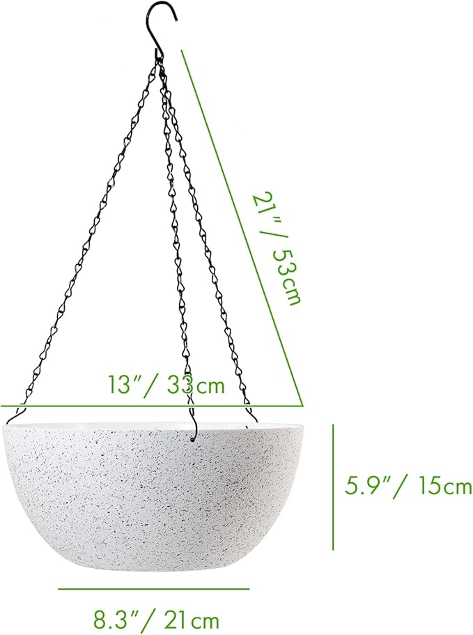 WOUSIWER 13 inch 2Pack Large Hanging Planters for Outdoor Indoor Plants with Drainage Holes and Chain, Round Hanging Flower Pots for Garden Home Porch Decor, White Speckles-Ruum Studio Home
