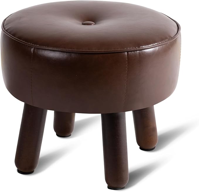 Small Foot Stool Ottoman, Round Pouf Foot Rest, Footstool Ottomans with Rubber Legs Under Desk, Faux Leather Footrest for Couch, Living Room, Bedroom, Office, 13''L x 13''W x 10.2''H, Coffee-Ruum Studio Home