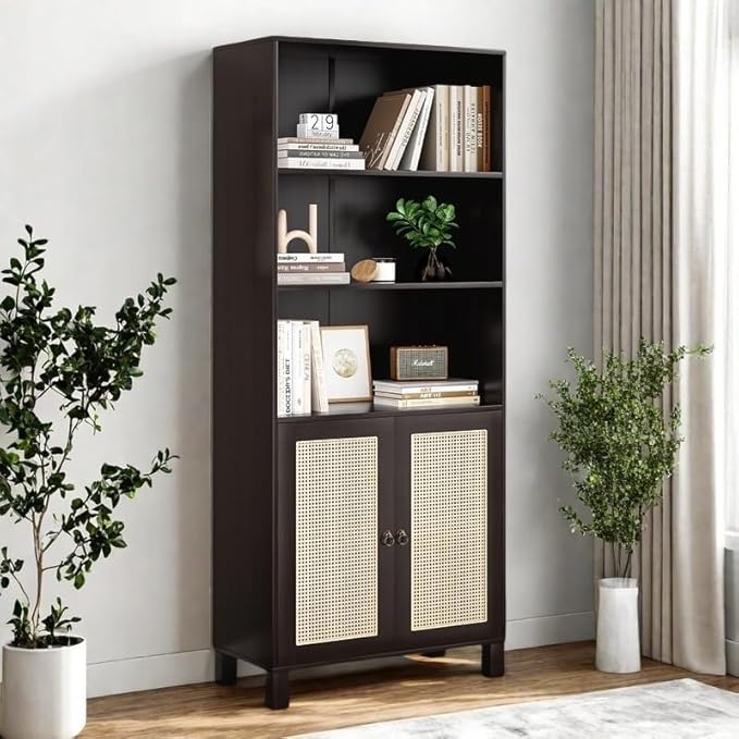 Tall Bookshelf, 5-Tier Book Shelf with 2 Rattan Doors, Freestanding Bookcase Display Shelves with Large Storage, Book Case for Living Room, Office, Study, Bedroom, 70.9 Inch-Ruum Studio Home