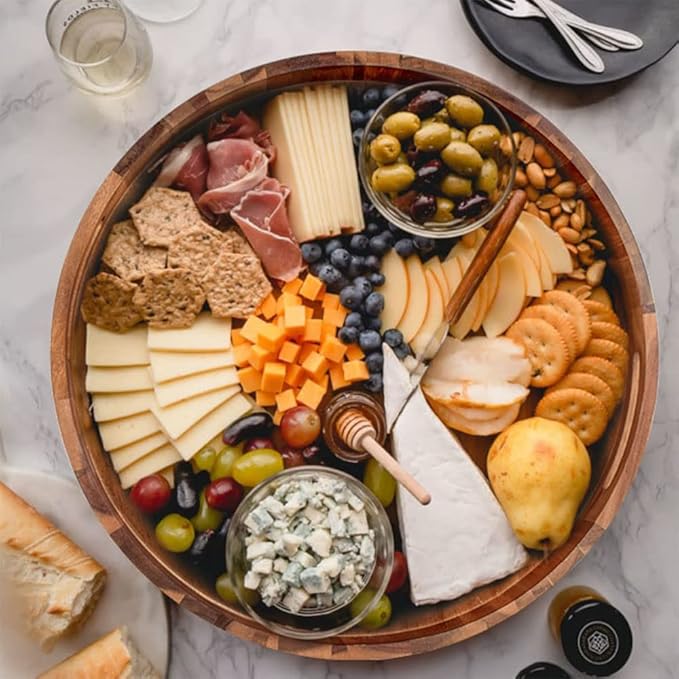 Large Round Wood Serving Tray, Wooden Trays with Handles for Ottoman Table, Vintage Acacia Tray Circle Wood Tray for Indoor Outdoor Organization and Decoration, Including 4 Round Wooden Coasters-Ruum Studio Home