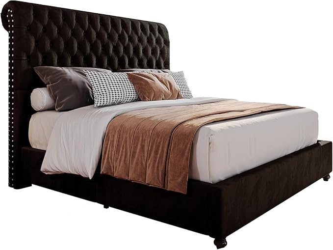PaPaJet King Bed Frame Upholstered Platform Bed Frame with 52.8'' Tall Sleigh Headboard, Button Tufted, No Box Spring Needed, Easy Assembly, Black-Ruum Studio Home
