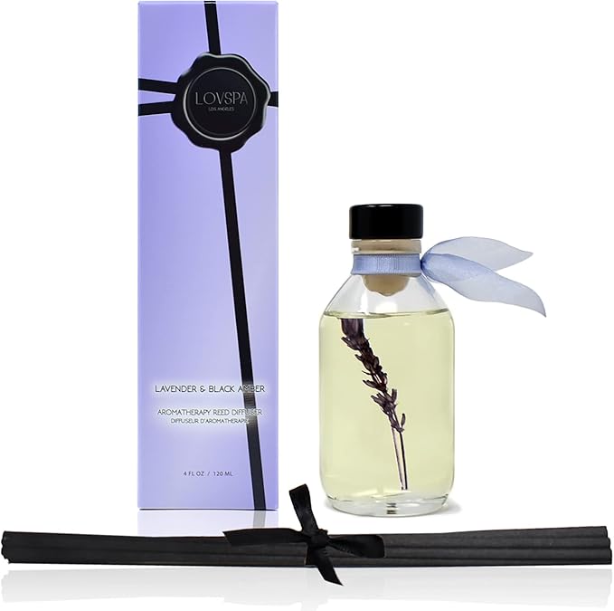 LOVSPA Reed Diffuser Set, Lavender & Black Amber Scented Oil Diffuser with Sticks, Home Fragrance Accessories for Bathroom Shelf Decor, Aroma Diffusers for Home or Office Desk, USA Made-Ruum Studio Home