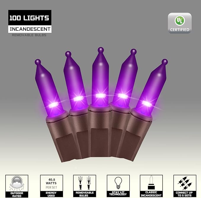 100LIGHTS Purple Extra-Bright with End Connectors Halloween Decorative Lights 5.98m UL Certified Mini String Light Set Waterproof for Halloween Home Garden Christmas Tree Party Patio Wedding-Ruum Studio Home