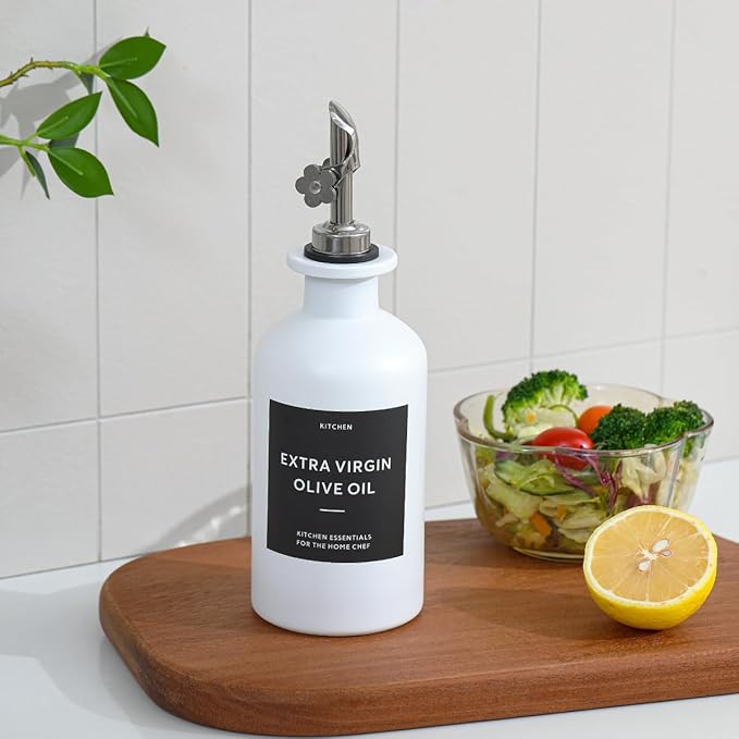 HOMCDALY Olive Oil Dispenser for Kitchen, 11.8oz Glass kitchen Dispenser Bottle, White Oil&Vinegar Cruet Set, Leakproof Oil Bottle for Cooking| Set of 2 (11.8oz – White)-Ruum Studio Home