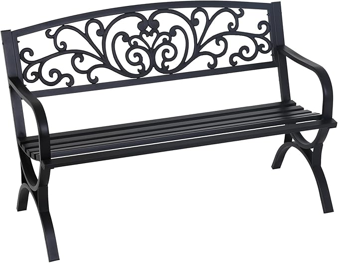 FDW Outdoor 50 Inches Garden Bench, Slatted Seat Armrests Floral Design Backres and Arch Legs, Perfect for Park, Yard, Porch, Lawn, Balcony, Backyard, Black-Ruum Studio Home