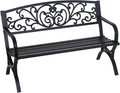 FDW Outdoor 50 Inches Garden Bench, Slatted Seat Armrests Floral Design Backres and Arch Legs, Perfect for Park, Yard, Porch, Lawn, Balcony, Backyard, Black-Ruum Studio Home
